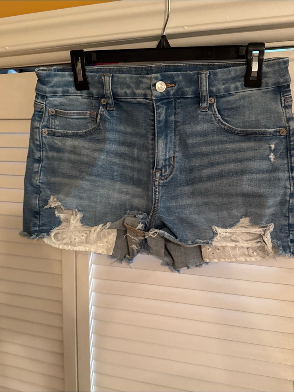 American Eagle Outfitters Light Blue Distressed Denim Shorts with White Lace - Picture 2 of 12